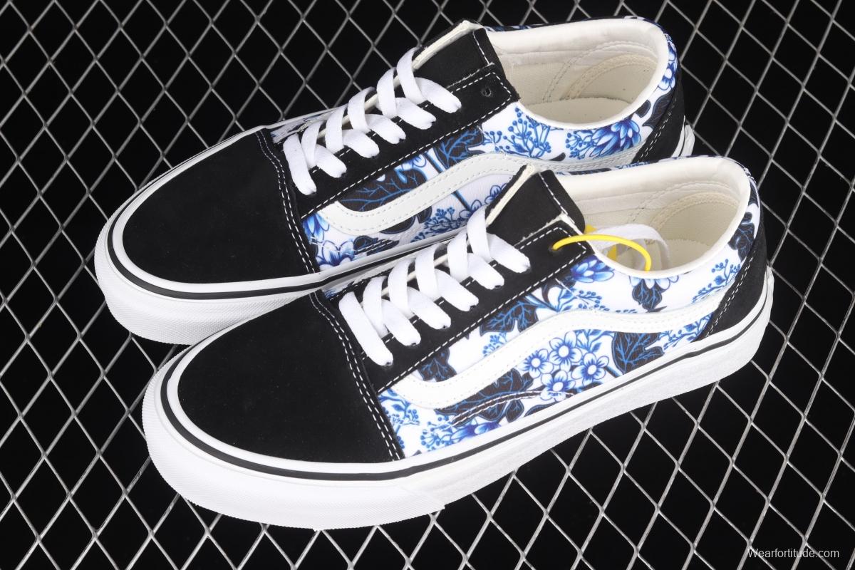 Vans Style blue flower printed side striped low upper board shoes VN0A7Q2JY6Z